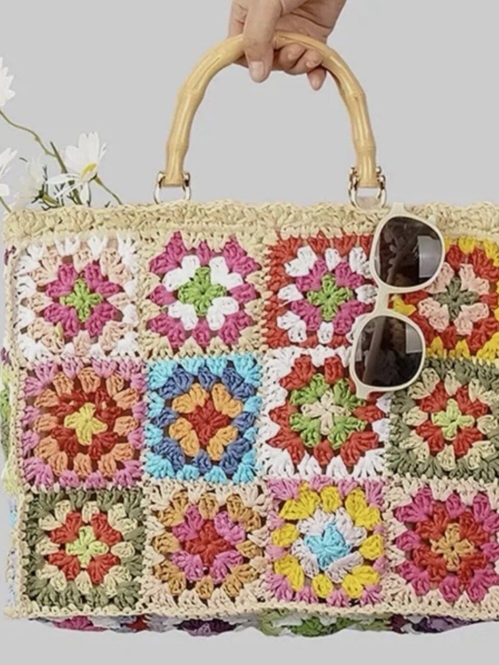 Handmade Crochet Straw Flower Boho Summer Beach Bag Floral Woven Light Raffia